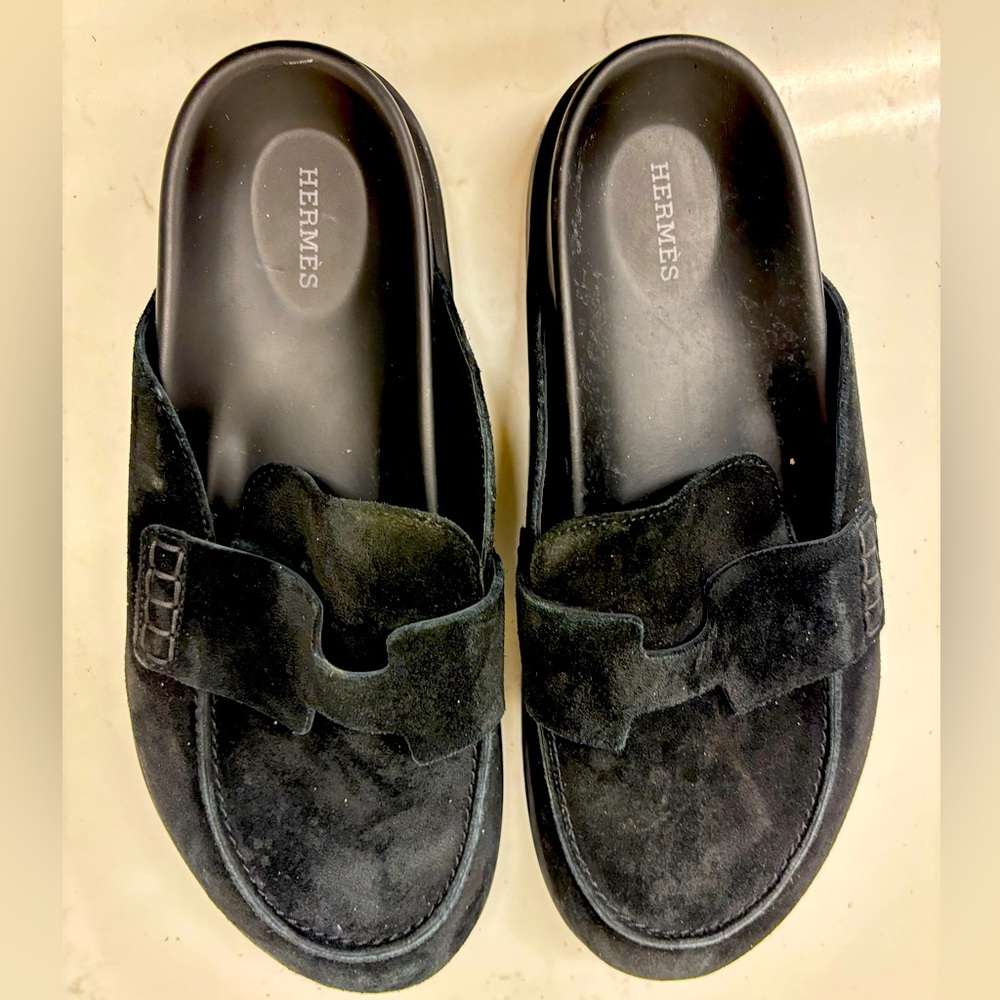 Hermes Black Suede Loafers